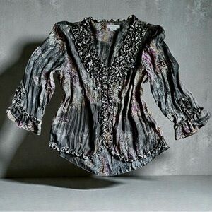 Dressbarn Metallic 3/4 Sleeve Ruffle Ruched Beaded Sequin V-Neck Size Large